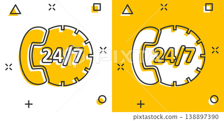 Phone service 24/7 icon in comic style. Telephone talk cartoon vector illustration on white isolated background. Hotline contact splash effect business concept. 138897390