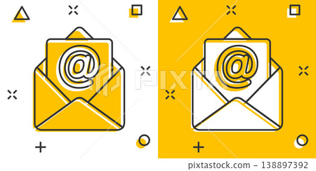 Email message icon in comic style. Mail document cartoon vector illustration on white isolated background. Message correspondence splash effect business concept. Email message icon in comic style. Mail document cartoon vector illustration on white isolated background. Message correspondence splash effect business concept. 138897392
