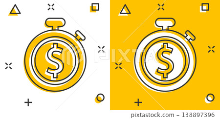 Time is money icon in comic style. Clock with dollar cartoon vector illustration on white isolated background. Currency splash effect business concept. Time is money icon in comic style. Clock with dollar cartoon vector illustration on white isolated background. Currency splash effect business concept. 138897396