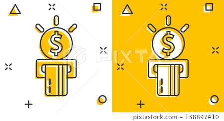 Money ATM icon in comic style. Exchange cash cartoon vector illustration on white isolated background. Banknote bill splash effect business concept. Money ATM icon in comic style. Exchange cash cartoon vector illustration on white isolated background. Banknote bill splash effect business concept. 138897410