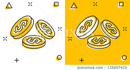 Coins stack icon in comic style. Dollar coin cartoon vector illustration on white isolated background. Money stacked splash effect business concept. Coins stack icon in comic style. Dollar coin cartoon vector illustration on white isolated background. Money stacked splash effect business concept. 138897420