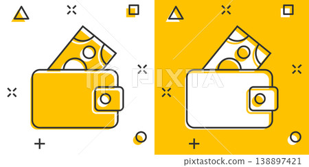 Wallet icon in comic style. Purse vector cartoon illustration on white isolated background. Finance bag splash effect business concept. Wallet icon in comic style. Purse vector cartoon illustration on white isolated background. Finance bag splash effect business concept. 138897421