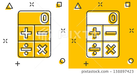 Calculator icon in comic style. Calculate cartoon vector illustration on white isolated background. Calculation splash effect business concept. 138897423