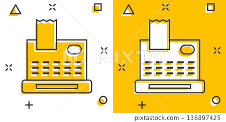 Cash register icon in comic style. Check machine cartoon vector illustration on white isolated background. Payment splash effect business concept. Cash register icon in comic style. Check machine cartoon vector illustration on white isolated background. Payment splash effect business concept. 138897425