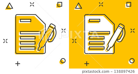 Blogging icon in comic style. Document with pen cartoon vector illustration on white isolated background. Content splash effect business concept. Blogging icon in comic style. Document with pen cartoon vector illustration on white isolated background. Content splash effect business concept. 138897426