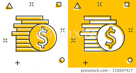 Coins stack icon in comic style. Dollar coin cartoon vector illustration on white isolated background. Money stacked splash effect business concept. 138897427