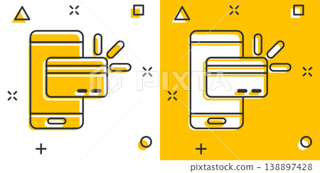 Smartphone paying icon in comic style. Nfc credit card cartoon vector illustration on white isolated background. Banking splash effect business concept. Smartphone paying icon in comic style. Nfc credit card cartoon vector illustration on white isolated background. Banking splash effect business concept. 138897428
