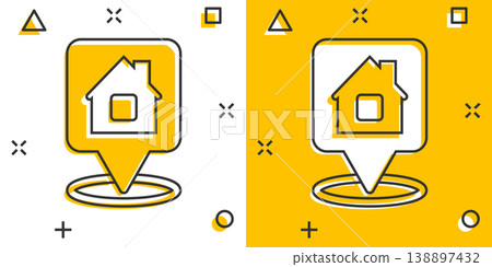 Home pin icon in comic style. House navigation cartoon vector illustration on white isolated background. Locate position splash effect business concept. Home pin icon in comic style. House navigation cartoon vector illustration on white isolated background. Locate position splash effect business concept. 138897432