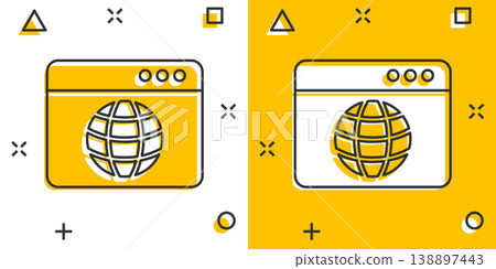 Website domain icon in comic style. Global internet address cartoon vector illustration on white isolated background. Server splash effect business concept. 138897443