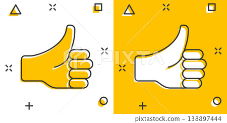 Thumb up icon in comic style. Like gesture cartoon vector illustration on white isolated background. Approval mark splash effect business concept. Thumb up icon in comic style. Like gesture cartoon vector illustration on white isolated background. Approval mark splash effect business concept. 138897444