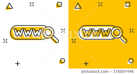 Global search icon in comic style. Website address cartoon vector illustration on white isolated background. WWW network splash effect business concept. 138897446
