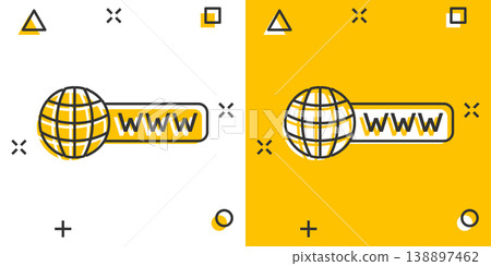 Global search icon in comic style. Website address cartoon vector illustration on white isolated background. WWW network splash effect business concept. Global search icon in comic style. Website address cartoon vector illustration on white isolated background. WWW network splash effect business concept. 138897462