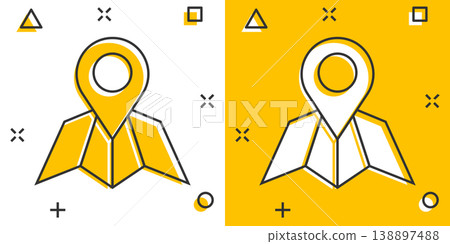 Map pin icon in comic style. GPS navigation cartoon vector illustration on white isolated background. Locate position splash effect business concept. 138897488