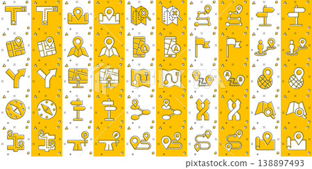 Navigation icon set in comic style. Gps direction cartoon vector illustration on white isolated background. Locate pin position splash effect business concept. 138897493