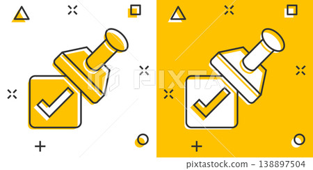 Approve stamp icon in comic style. Accept check mark cartoon vector illustration on white isolated background. Approval choice splash effect business concept. 138897504