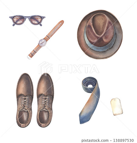 Hand-painted watercolor set of retro men clothing, accessories, boots, hat, tie, watch, sunglasses isolated on white. Perfect for fashion gentlemen branding, packaging, posters, lifestyle design Hand-painted watercolor set of retro men clothing, accessories, boots, hat, tie, watch, sunglasses isolated on white. Perfect for fashion gentlemen branding, packaging, posters, lifestyle design 138897530