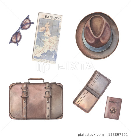Hand-painted watercolor retro train travel set with suitcase, hat, railway map, passport, wallet, sunglasses isolated on white. Ideal for rail tourism branding, blogs, packaging, posters, design Hand-painted watercolor retro train travel set with suitcase, hat, railway map, passport, wallet, sunglasses isolated on white. Ideal for rail tourism branding, blogs, packaging, posters, design 138897531