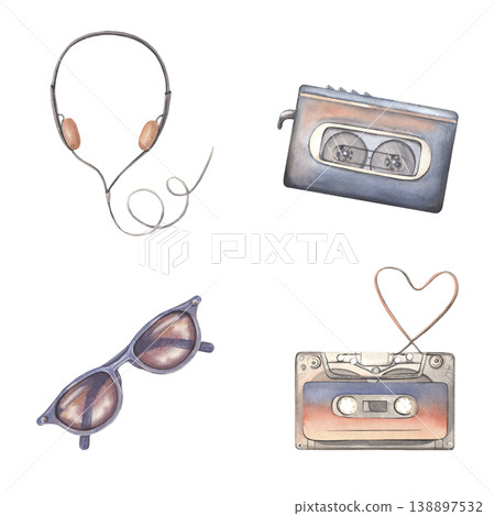 Hand-painted watercolor set with cassette player, headphones, cassette, sunglasses on white background. Retro music vibe perfect for branding, packaging, posters, blogs, designs for music lovers Hand-painted watercolor set with cassette player, headphones, cassette, sunglasses on white background. Retro music vibe perfect for branding, packaging, posters, blogs, designs for music lovers 138897532