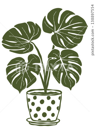 Monstera plant in polka dot pot decorative houseplant hand drawn botanical line style Monstera plant in polka dot pot decorative houseplant hand drawn botanical line style 138897554
