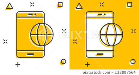 Globe smartphone icon in comic style. Mobile phone location cartoon vector illustration on white isolated background. Destination splash effect business concept. 138897564