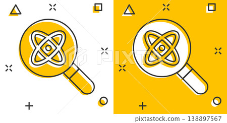 Science magnifier icon in comic style. Virus search cartoon vector illustration on white isolated background. Chemistry dna splash effect business concept. 138897567