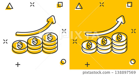 Income rate increase icon in comic style. Finance performance cartoon vector illustration on white isolated background. Coin with growth arrow splash effect business concept. 138897569