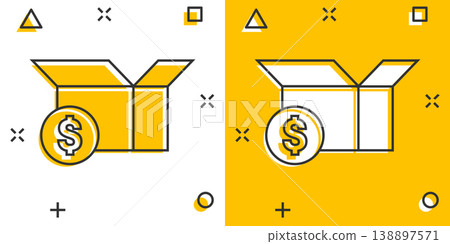 Shipping box with dollar icon in comic style. Container cartoon vector illustration on white isolated background. Cardboard package splash effect business concept. Shipping box with dollar icon in comic style. Container cartoon vector illustration on white isolated background. Cardboard package splash effect business concept. 138897571