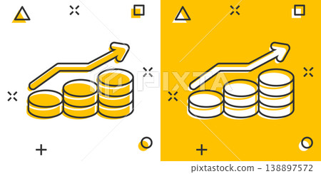 Income rate increase icon in comic style. Finance performance cartoon vector illustration on white isolated background. Coin with growth arrow splash effect business concept. 138897572