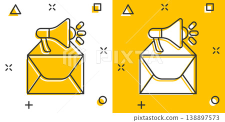 Envelope notification icon in comic style. Email with speaker cartoon vector illustration on white isolated background. Receive mail message splash effect business concept. 138897573