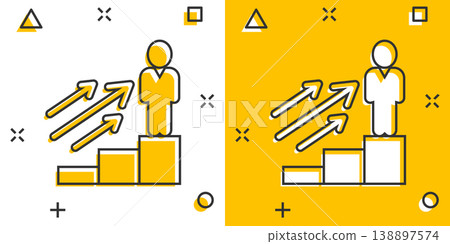 People with growth arrow icon in comic style. Work strategy cartoon vector illustration on white isolated background. Office training splash effect business concept. People with growth arrow icon in comic style. Work strategy cartoon vector illustration on white isolated background. Office training splash effect business concept. 138897574
