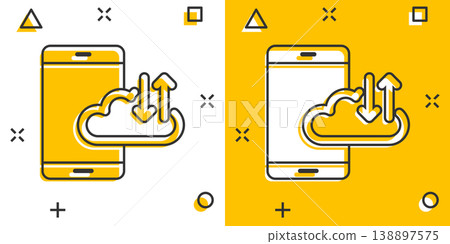 Smartphone with cloud icon in comic style. Phone network storage cartoon vector illustration on white isolated background. Online backup splash effect business concept. Smartphone with cloud icon in comic style. Phone network storage cartoon vector illustration on white isolated background. Online backup splash effect business concept. 138897575