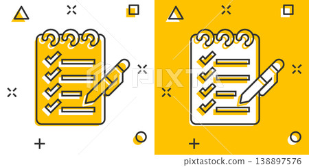 To do list icon in comic style. Document checklist cartoon vector illustration on white isolated background. Notepad check mark splash effect business concept. 138897576