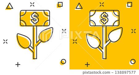 Growth profit icon in comic style. Flower with money cartoon vector illustration on white isolated background. Increase splash effect business concept. 138897577