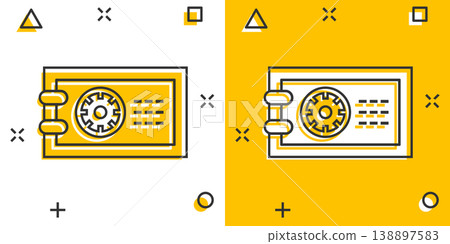 Safe money icon in comic style. Strongbox cartoon vector illustration on white isolated background. Finance security splash effect business concept. 138897583