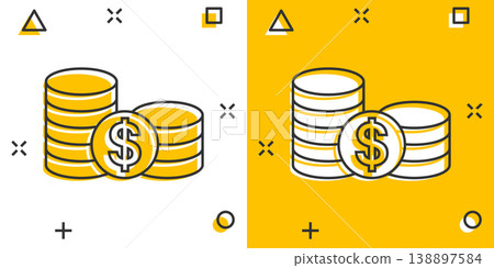 Coins stack icon in comic style. Dollar coin cartoon vector illustration on white isolated background. Money stacked splash effect business concept. Coins stack icon in comic style. Dollar coin cartoon vector illustration on white isolated background. Money stacked splash effect business concept. 138897584