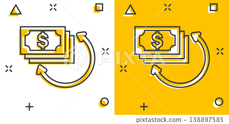 Income rate increase icon in comic style. Finance performance cartoon vector illustration on white isolated background. Coin with growth arrow splash effect business concept. 138897585