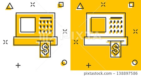 Cash register icon in comic style. Check machine cartoon vector illustration on white isolated background. Payment splash effect business concept. Cash register icon in comic style. Check machine cartoon vector illustration on white isolated background. Payment splash effect business concept. 138897586