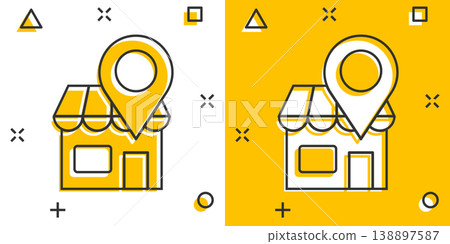 Home pin icon in comic style. House navigation cartoon vector illustration on white isolated background. Locate position splash effect business concept. 138897587