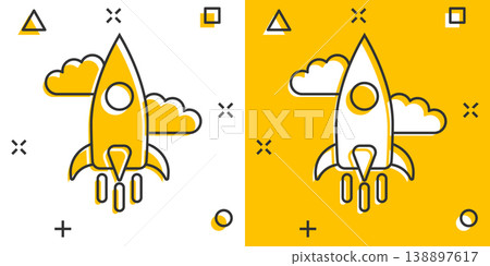 Rocket icon in comic style. Spaceship launch cartoon vector illustration on white isolated background. Sputnik splash effect business concept. Rocket icon in comic style. Spaceship launch cartoon vector illustration on white isolated background. Sputnik splash effect business concept. 138897617