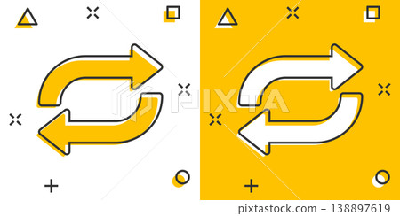Arrow rotation icon in comic style. Sync action cartoon vector illustration on white isolated background. Refresh button splash effect business concept. 138897619