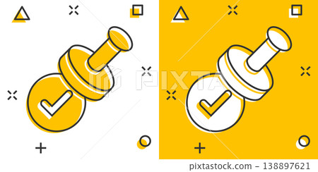 Approve stamp icon in comic style. Accept check mark cartoon vector illustration on white isolated background. Approval choice splash effect business concept. 138897621