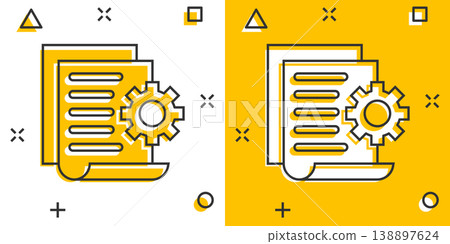 Document with gear icon in comic style. Big data processing cartoon vector illustration on white isolated background. Paper sheet software solution splash effect business concept. Document with gear icon in comic style. Big data processing cartoon vector illustration on white isolated background. Paper sheet software solution splash effect business concept. 138897624