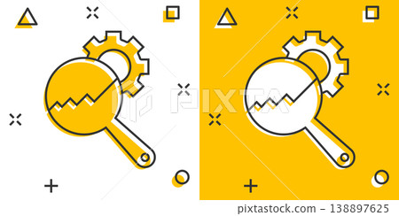 Loupe with gear icon in comic style. Magnifying glass cartoon vector illustration on white isolated background. Seo exploration splash effect business concept. 138897625