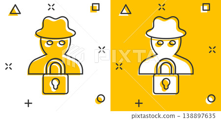 Fraud hacker icon in comic style. Spy cartoon vector illustration on isolated background. Cyber defend splash effect business concept. Fraud hacker icon in comic style. Spy cartoon vector illustration on isolated background. Cyber defend splash effect business concept. 138897635