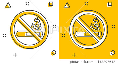 No smoking sign icon in comic style. Cigarette cartoon vector illustration on white isolated background. Nicotine splash effect business concept. 138897642