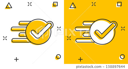 Check mark sign icon in comic style. Confirm button cartoon vector illustration on white isolated background. Accepted splash effect business concept. 138897644