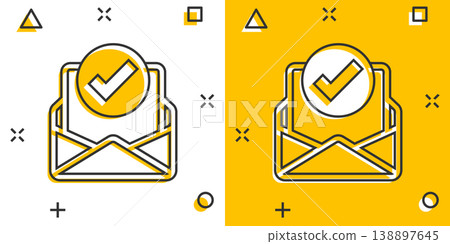Envelope with confirmed document icon in comic style. Verify cartoon vector illustration on white isolated background. Receive splash effect business concept. Envelope with confirmed document icon in comic style. Verify cartoon vector illustration on white isolated background. Receive splash effect business concept. 138897645