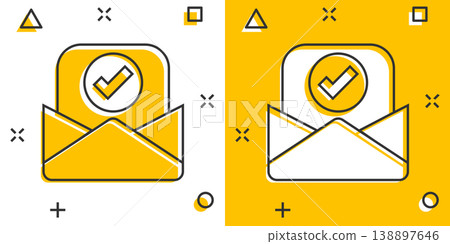 Envelope with confirmed document icon in comic style. Verify cartoon vector illustration on white isolated background. Receive splash effect business concept. 138897646