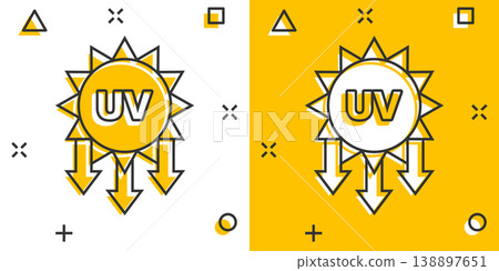 UV radiation icon in comic style. Ultraviolet cartoon vector illustration on white isolated background. Solar protection splash effect business concept. UV radiation icon in comic style. Ultraviolet cartoon vector illustration on white isolated background. Solar protection splash effect business concept. 138897651
