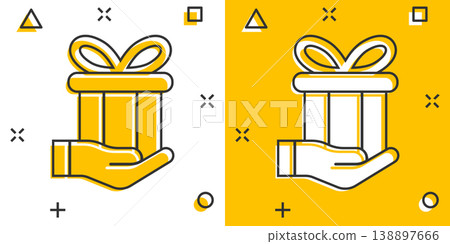 Gift box icon in comic style. Present on hand cartoon vector illustration on white isolated background. Surprise splash effect business concept. 138897666